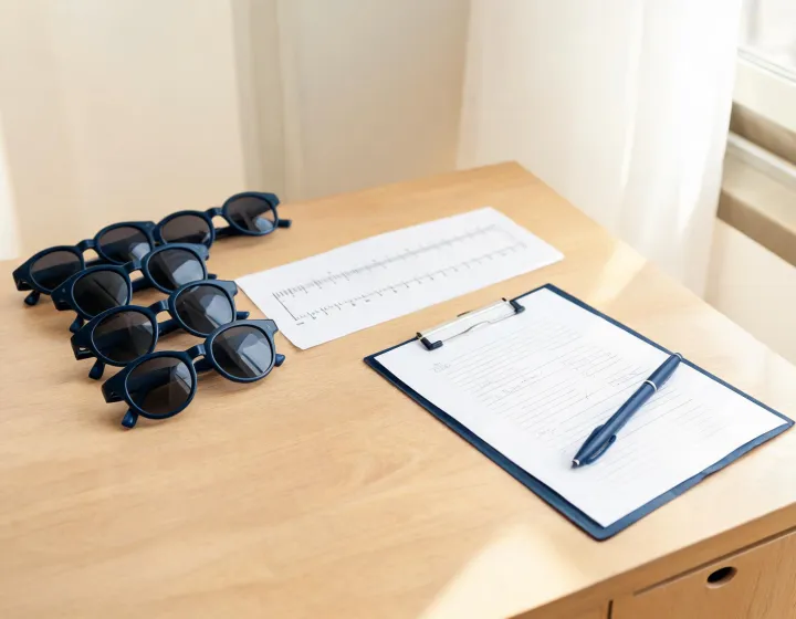 Unlabeled kids sunglasses beside a written procurement brief